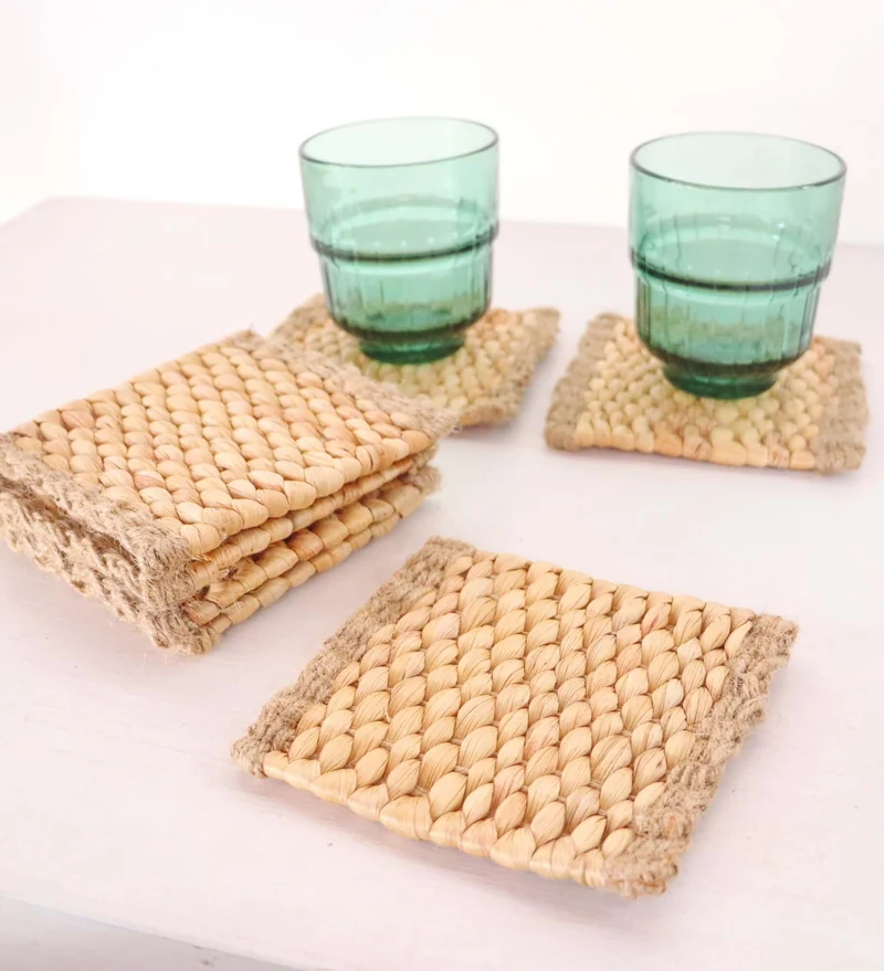 KA NOK PUN Water Hyacinth Boho Coaster Set of 4