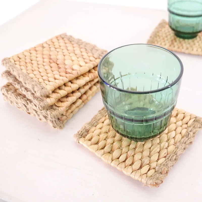 KA NOK PUN Water Hyacinth Boho Coaster Set of 4