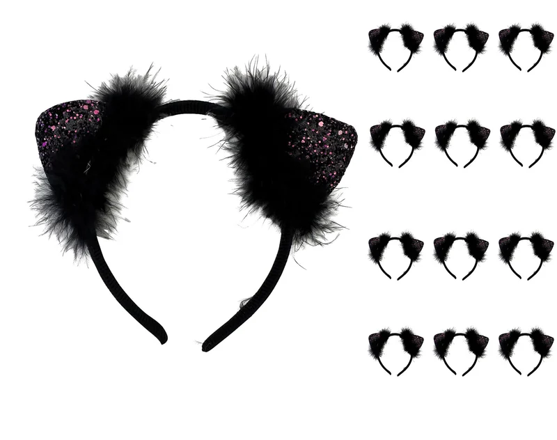 Katzenohren Haarreif mit Federn und Glitter | Schwarz 12er Set