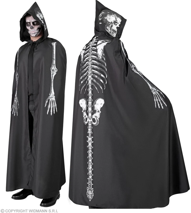 Skelett Umhang mit Kapuze für Erwachsene | Schwarz 150cm