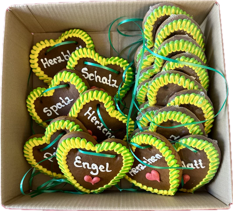 Lebkuchenherz Mischkarton XS (15 cm) – Kosenamen – 15 Stück