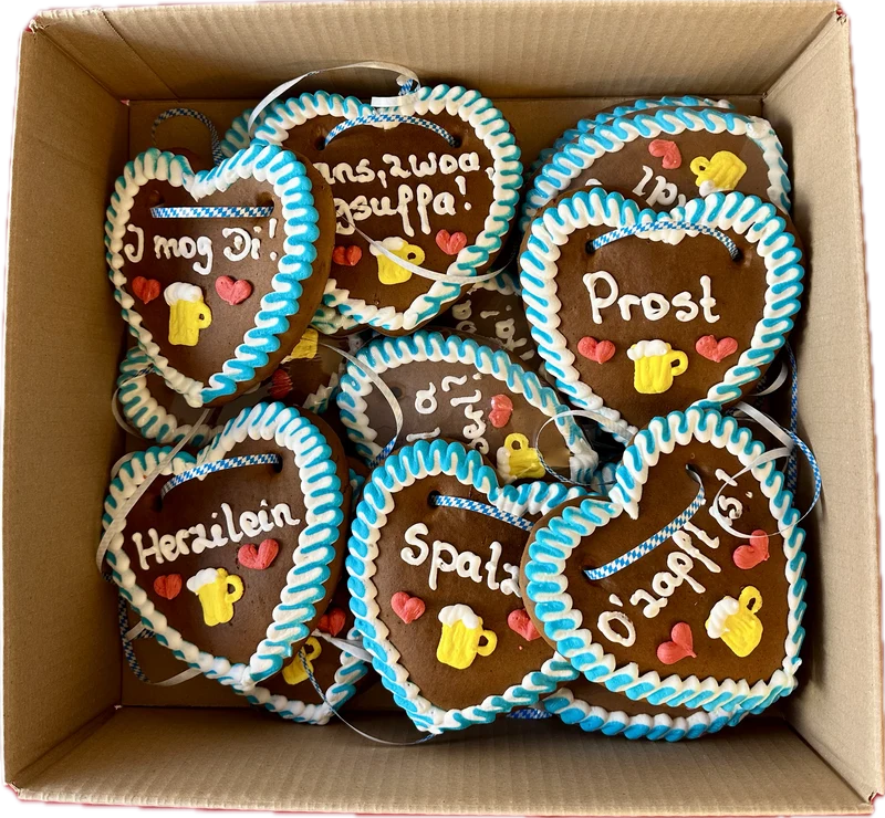 Lebkuchenherz Mischkarton XS (15 cm) – Bayerische Sprüche – 15 Stück