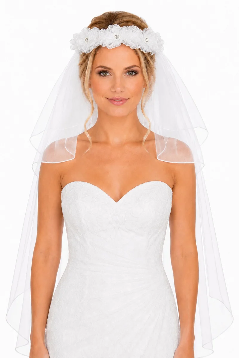 Brautschleier Haarkranz Novalie mit Spitze und Strass - Weiß