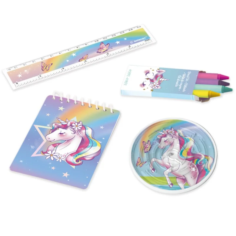 "Unicorn Dreams" Favour-Set | Notizblock, Lineal, Wachsmalstiftpackung und Labyrinth Puzzle je 4 Stück