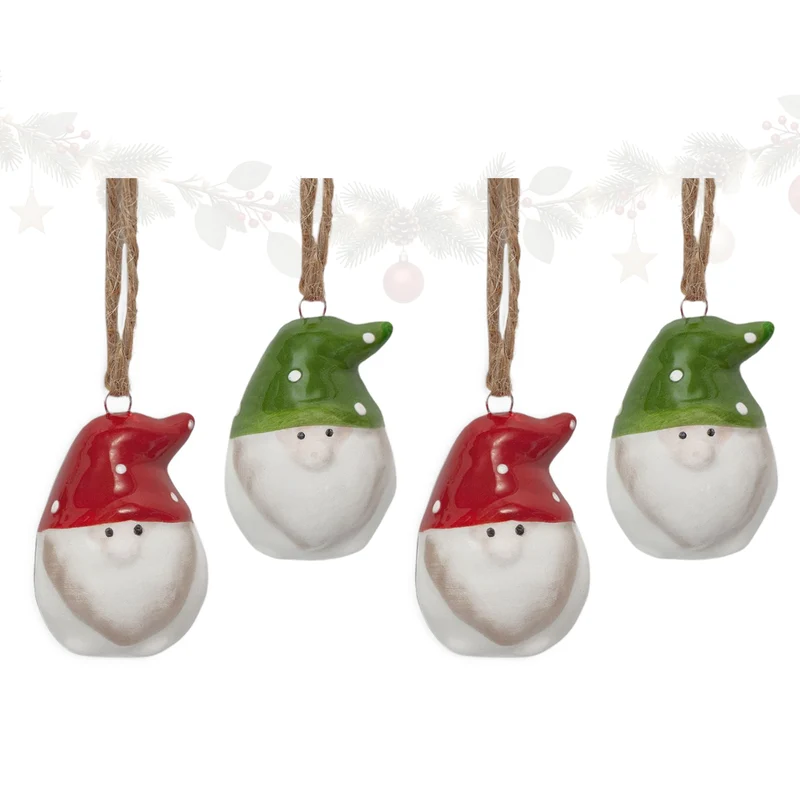 Porzellan-Weihnachtswichtel Anhänger, Rot/Grün, ca. 3,5 cm, 4er-Set