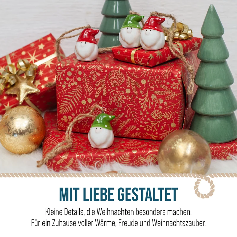 Porzellan-Weihnachtswichtel Anhänger, Rot/Grün, ca. 3,5 cm, 4er-Set