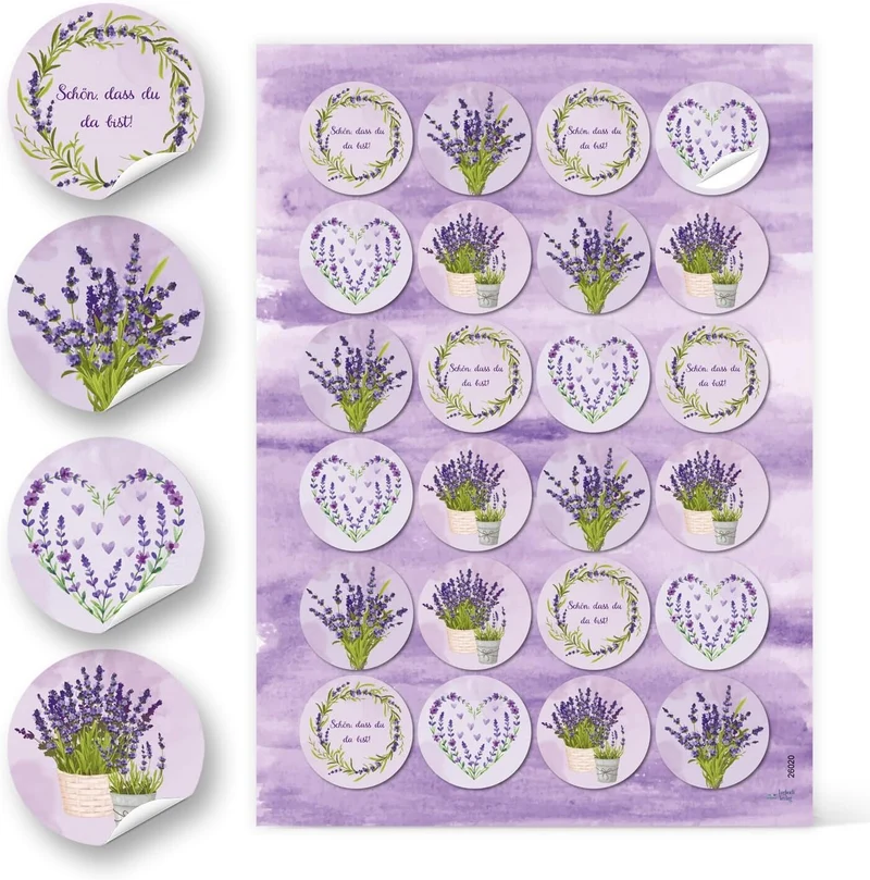 Aufkleber Lavendel rund, 24er Set, Ø 4 cm