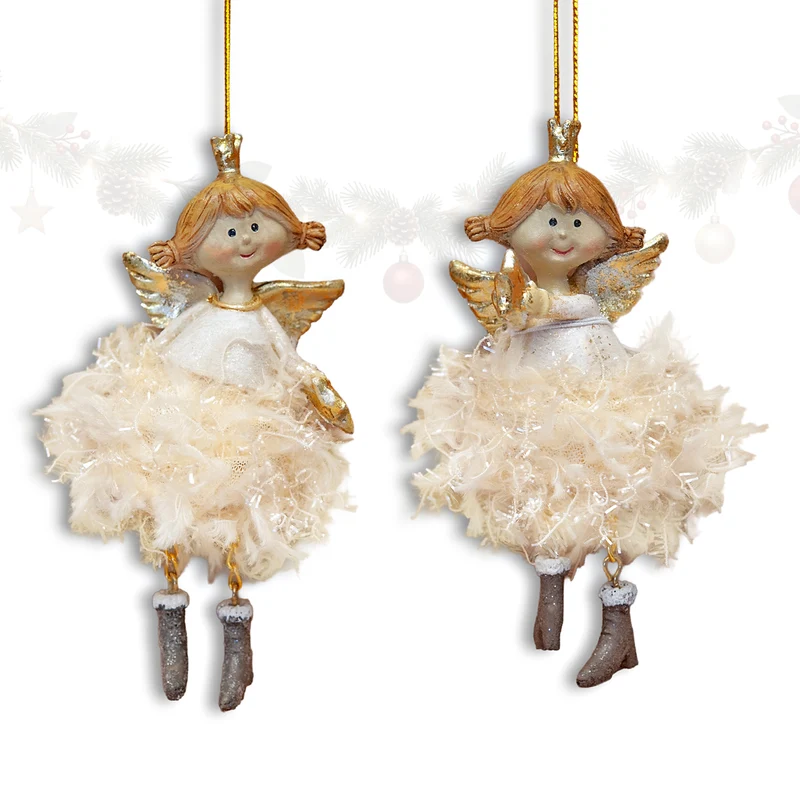 Weihnachtsengel 'Krönchen' Anhänger Creme-Gold, ca. 11 cm, 2er-Set