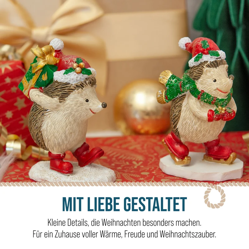 Deko-Igel auf Schlittschuhen mit Weihnachtsmütze, ca. 9 cm, 2er-Set