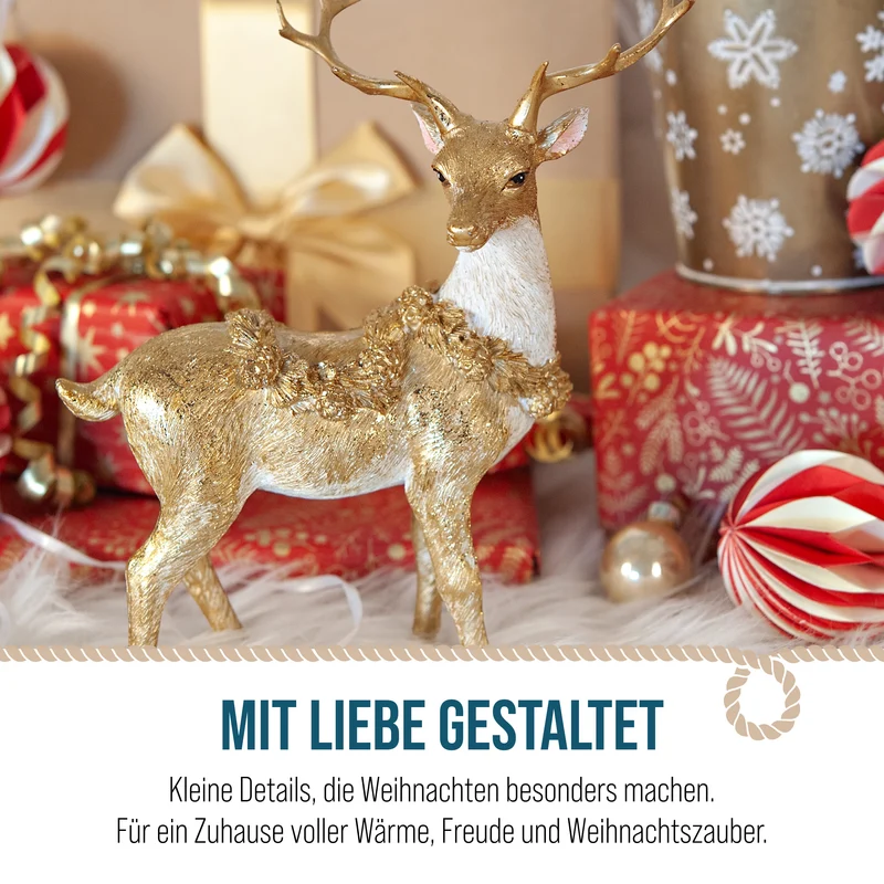 Hirsch-Figur aus Poly in Gold, ca. 18 × 23 × 7 cm, Weihnachtsdeko