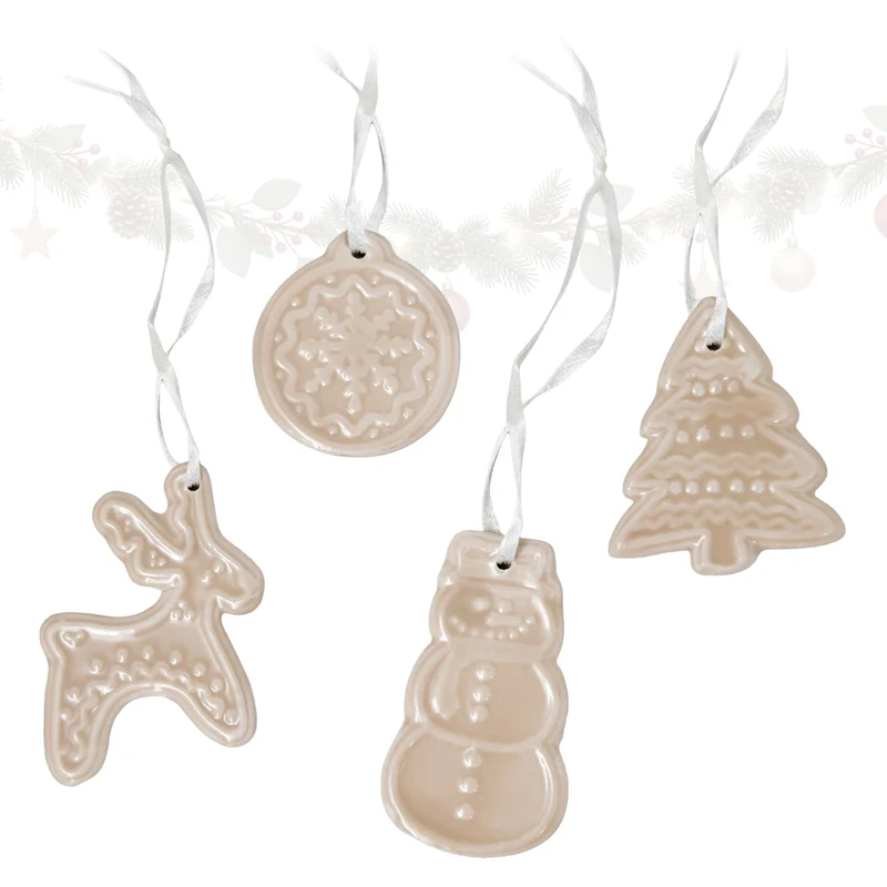 Porzellan-Anhänger Lebkuchenmotive Creme-Braun, ca. 4,5-6 cm, 4er-Set