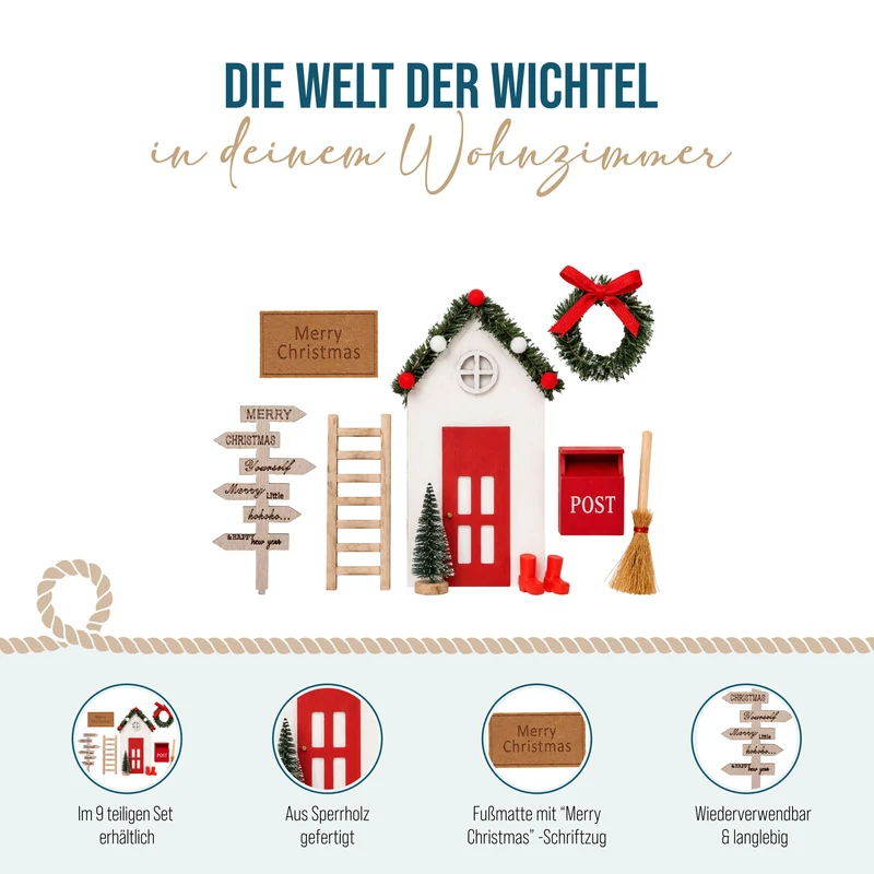Wichteltür 9 teilig Set aus Sperrholz – Rot, 10,5 x 17,5 cm mit Zubehör