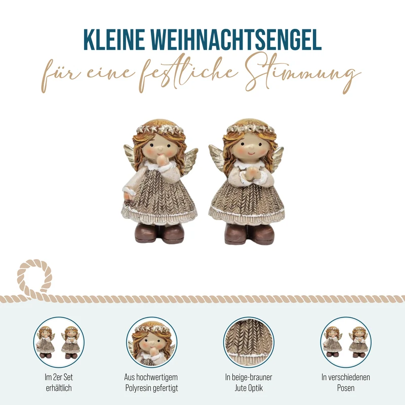 Engel Figuren 2er Set 8 cm – Beige-Gold mit Blütenkranz und Jute-Optik