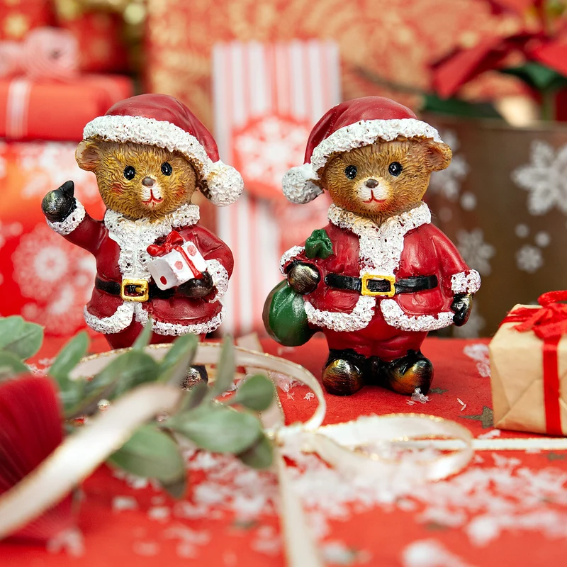 2er Set Baeren mit Weihnachtsmuetze aus Polyresin, rot, 5x7x4 cm