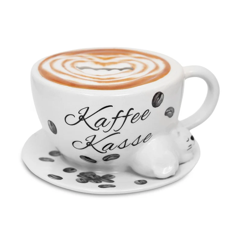 Keramik Spardose Kaffee Kasse in Tassenform, weiss, 14 cm