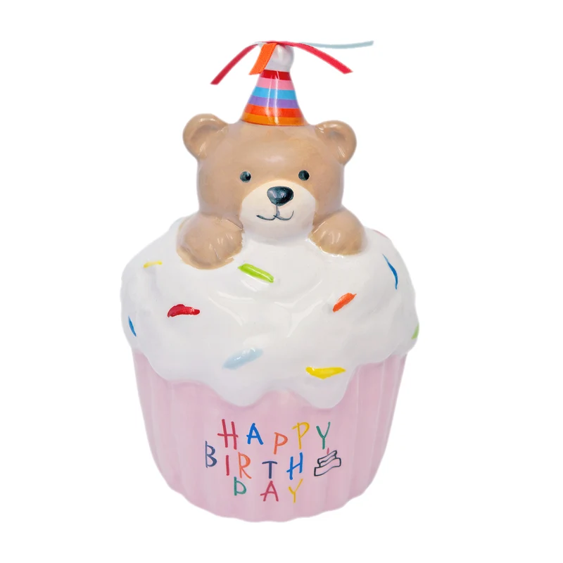 Spardose Cupcake mit Baer, Happy Birthday, Keramik, 8x14x8 cm