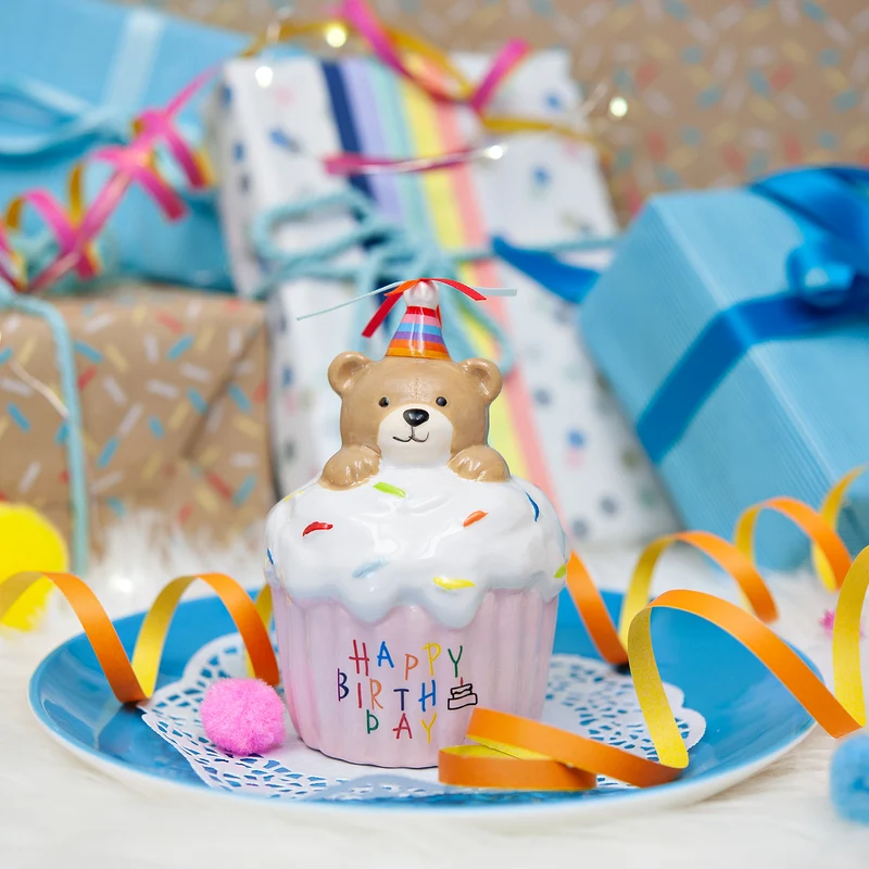 Spardose Cupcake mit Baer, Happy Birthday, Keramik, 8x14x8 cm