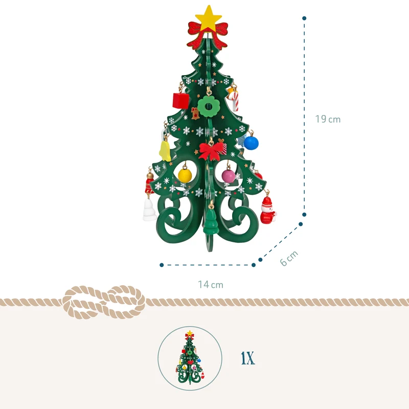 Weihnachtsbaum aus Holz, gruen mit Anhaengern, 19 x 14 cm