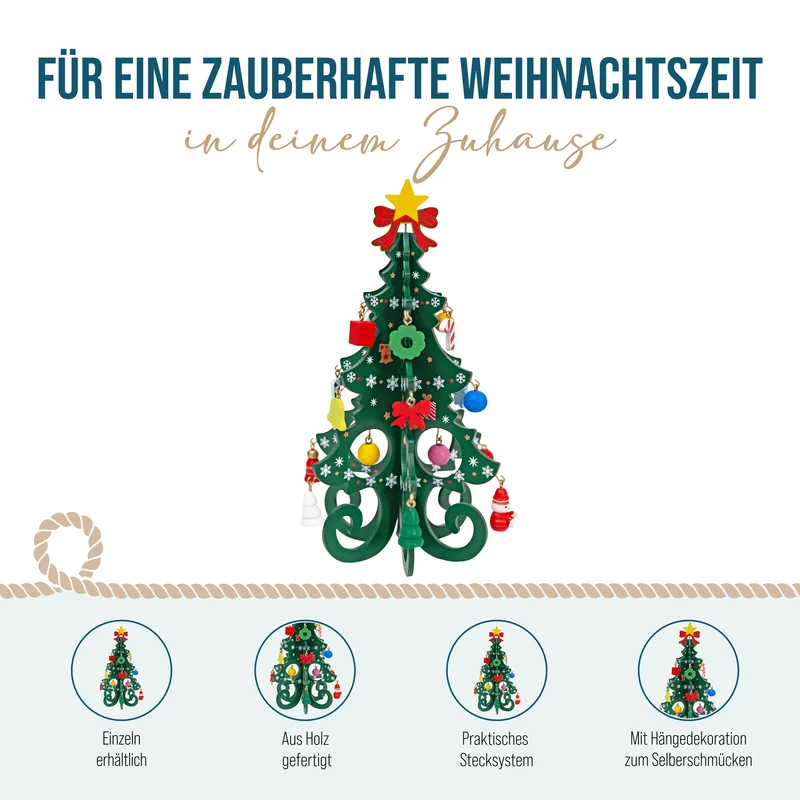 Weihnachtsbaum aus Holz, gruen mit Anhaengern, 19 x 14 cm