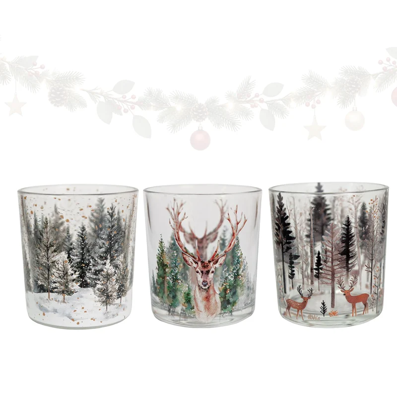 3er Set Teelichtglaeser Weihnachtswald mit Hirschmotiv, 7,5 x 8 cm