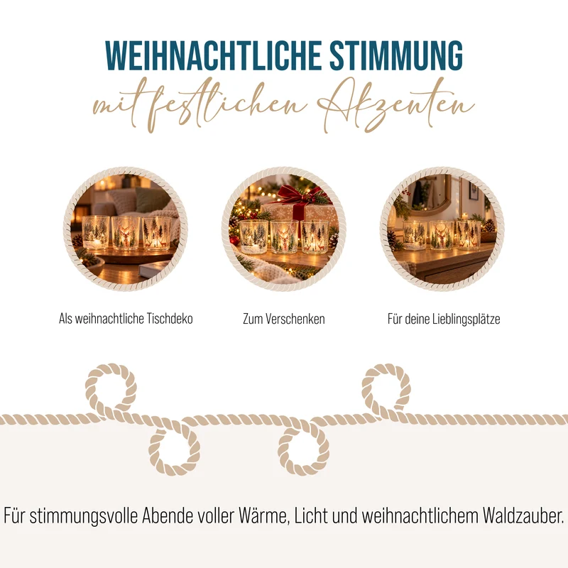 3er Set Teelichtglaeser Weihnachtswald mit Hirschmotiv, 7,5 x 8 cm