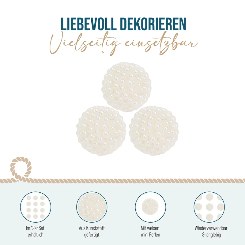 12er Set Deko-Perlen aus Kunststoff, Weiss, Ø 2 cm