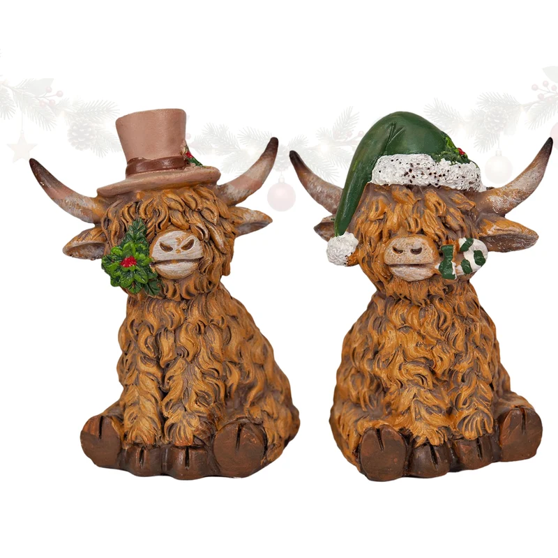 2er Set Hochlandrind Figuren Braun aus Polyresin, weihnachtlich