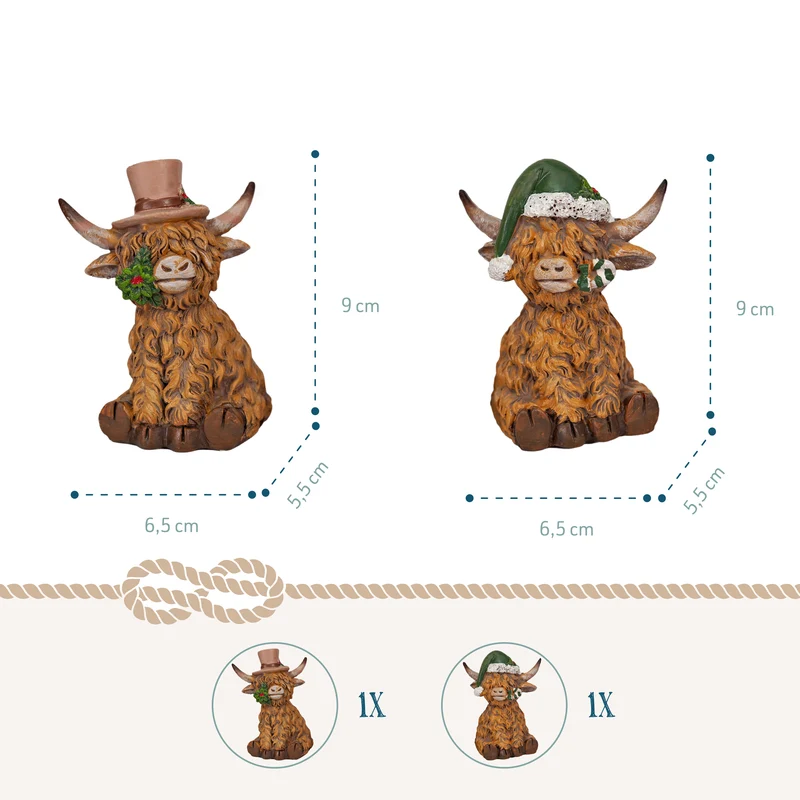 2er Set Hochlandrind Figuren Braun aus Polyresin, weihnachtlich
