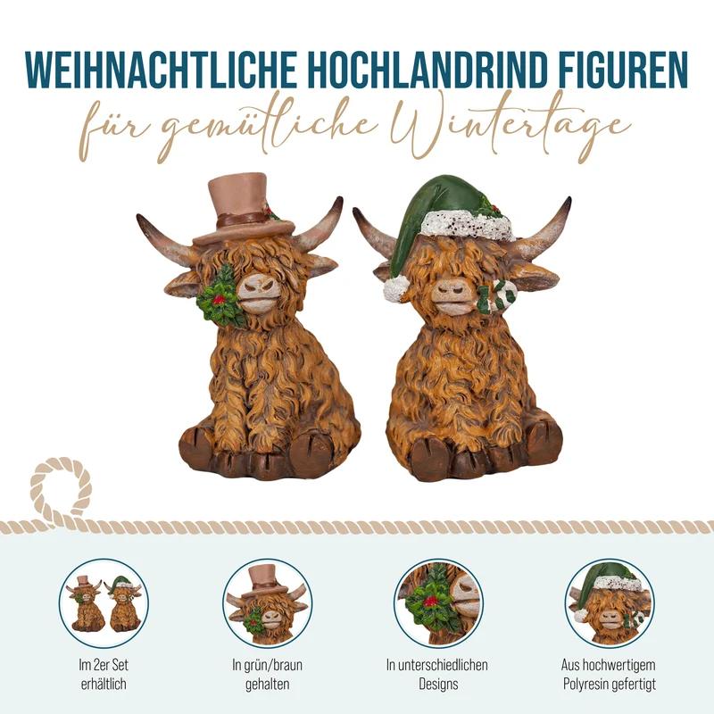 2er Set Hochlandrind Figuren Braun aus Polyresin, weihnachtlich