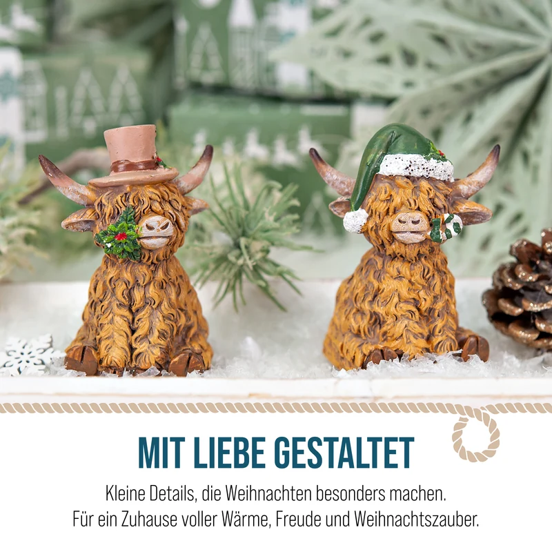 2er Set Hochlandrind Figuren Braun aus Polyresin, weihnachtlich
