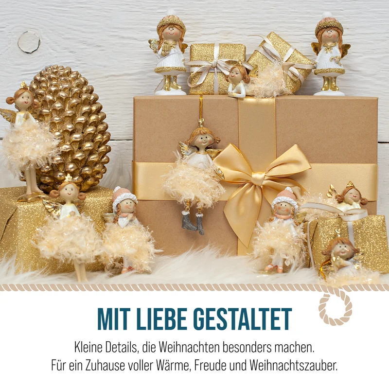 Engel Figuren 4er Set in Creme und Gold – zwei stehend, zwei liegend