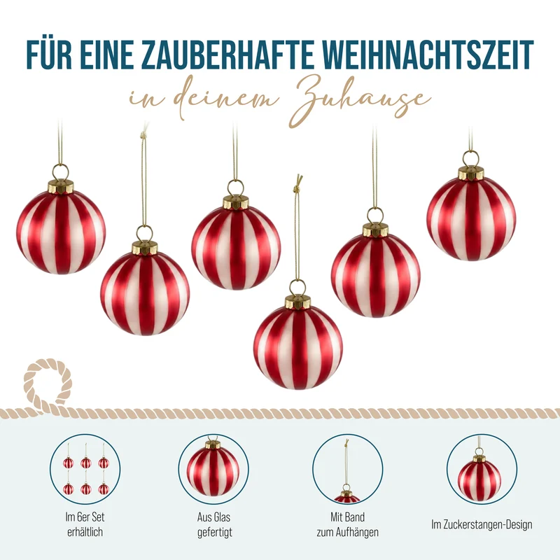 Christbaumkugeln 6er Set aus Glas – Candy Stripe in Rot und Weiß, 6 cm