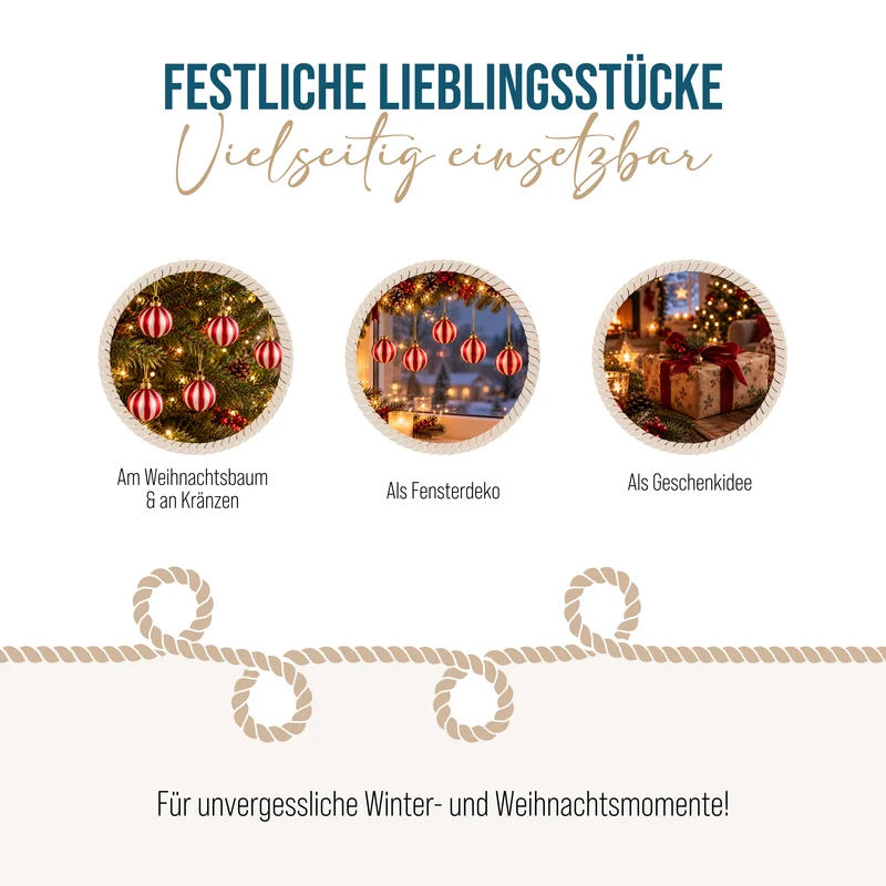 Christbaumkugeln 6er Set aus Glas – Candy Stripe in Rot und Weiß, 6 cm
