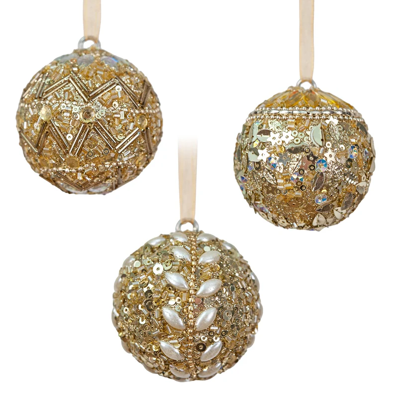 Weihnachtskugeln 3er Set in Gold und Creme – 6 cm mit Pailletten und Perlen