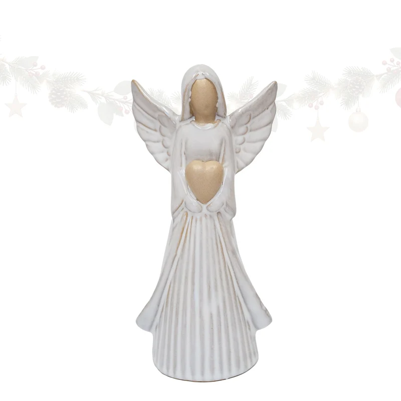 Engel Figur aus Porzellan mit Herz – Weiß, 18 cm Schutzengel