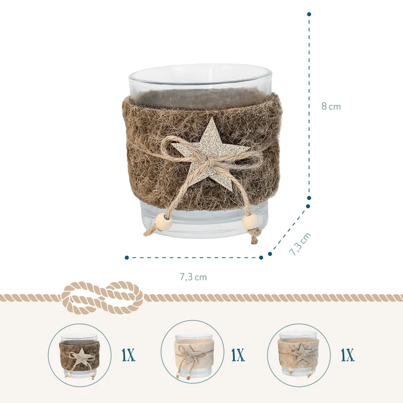 Teelichthalter 3er Set aus Glas mit Filz und Holzstern – 7,3 x 8 cm