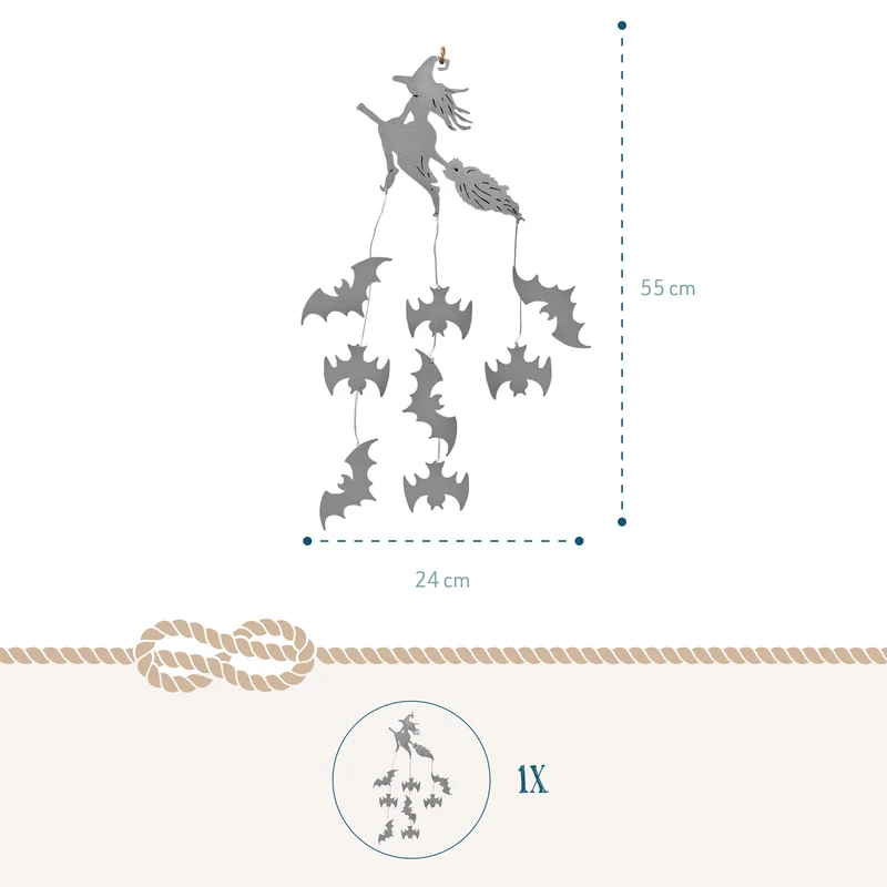 Halloween Hängedeko Hexe mit Fledermäusen – Metall, 55 cm in Schwarz