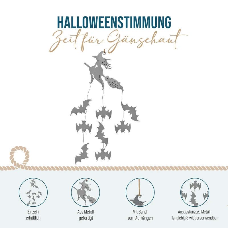 Halloween Hängedeko Hexe mit Fledermäusen – Metall, 55 cm in Schwarz