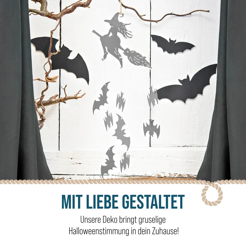 Halloween Hängedeko Hexe mit Fledermäusen – Metall, 55 cm in Schwarz