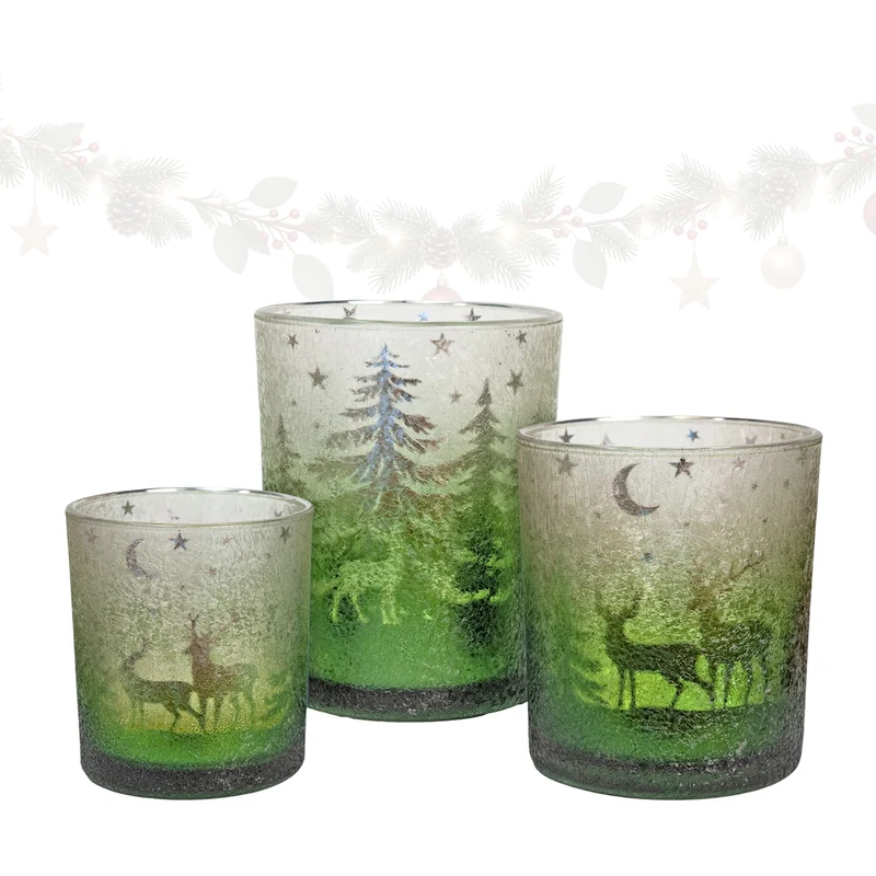 Windlichter 3er Set aus Glas – Winterwald mit Hirsch in Grün und Silber