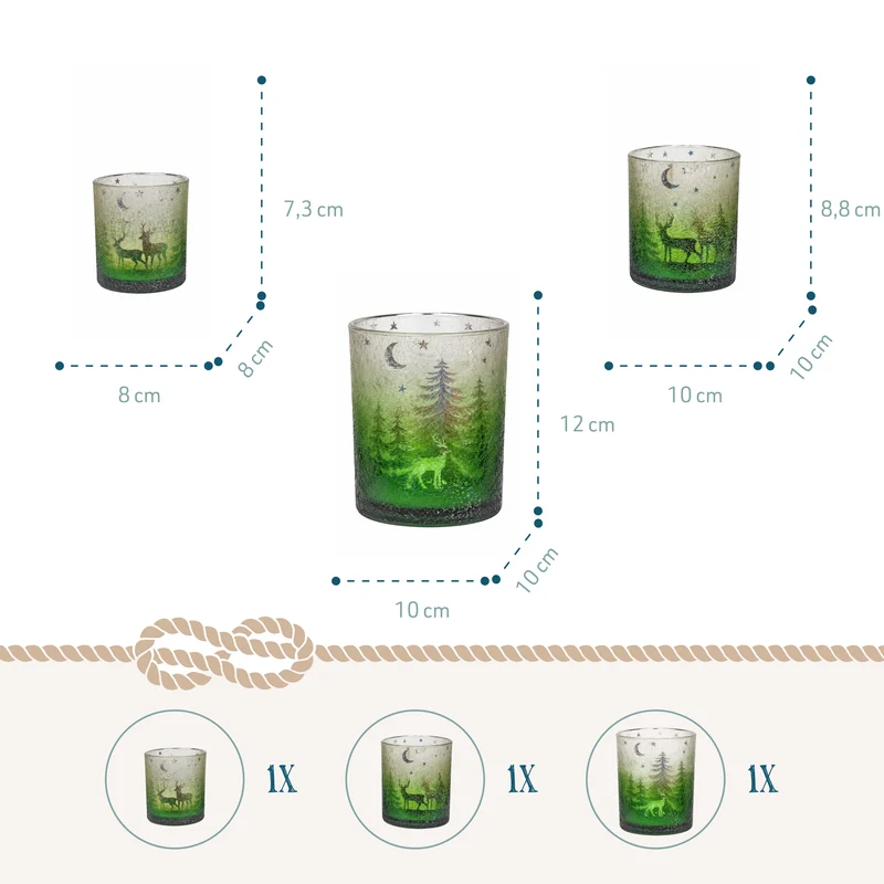 Windlichter 3er Set aus Glas – Winterwald mit Hirsch in Grün und Silber