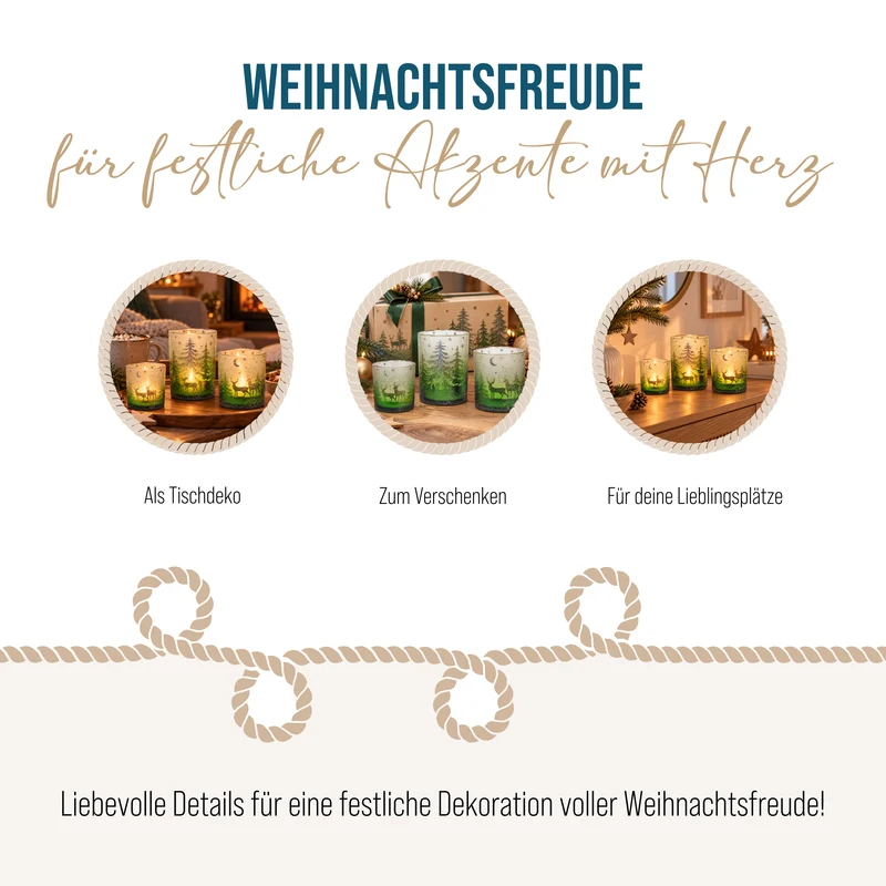 Windlichter 3er Set aus Glas – Winterwald mit Hirsch in Grün und Silber
