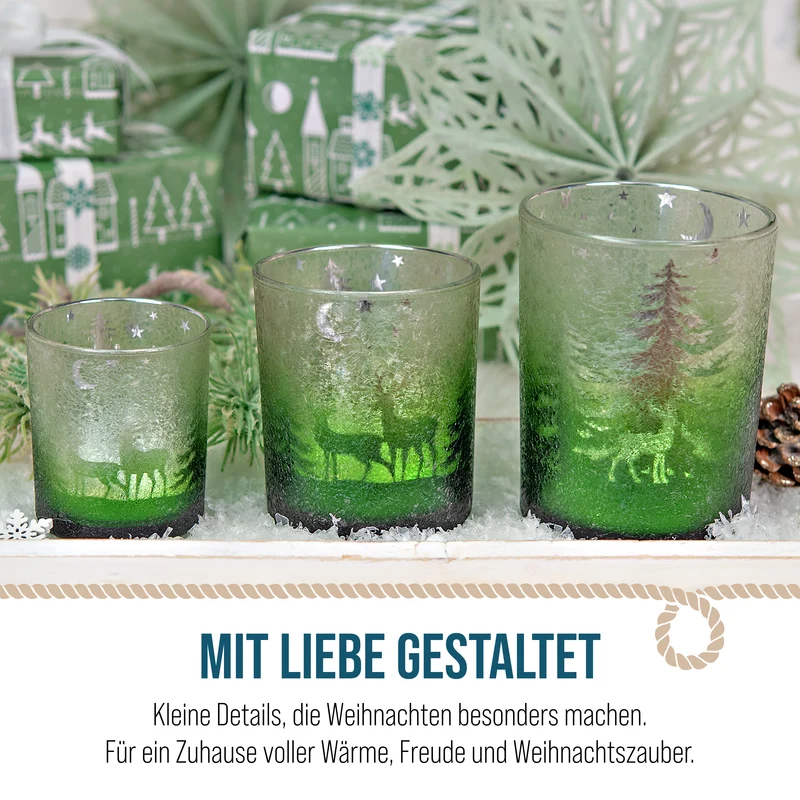 Windlichter 3er Set aus Glas – Winterwald mit Hirsch in Grün und Silber
