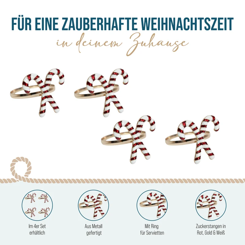 Serviettenringe Zuckerstange 4er Set aus Metall – Rot-Weiß für den Weihnachtstisch