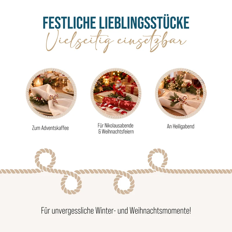 Serviettenringe Zuckerstange 4er Set aus Metall – Rot-Weiß für den Weihnachtstisch