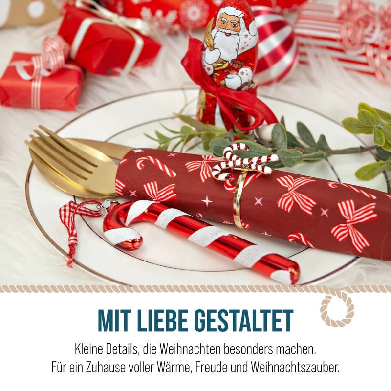 Serviettenringe Zuckerstange 4er Set aus Metall – Rot-Weiß für den Weihnachtstisch