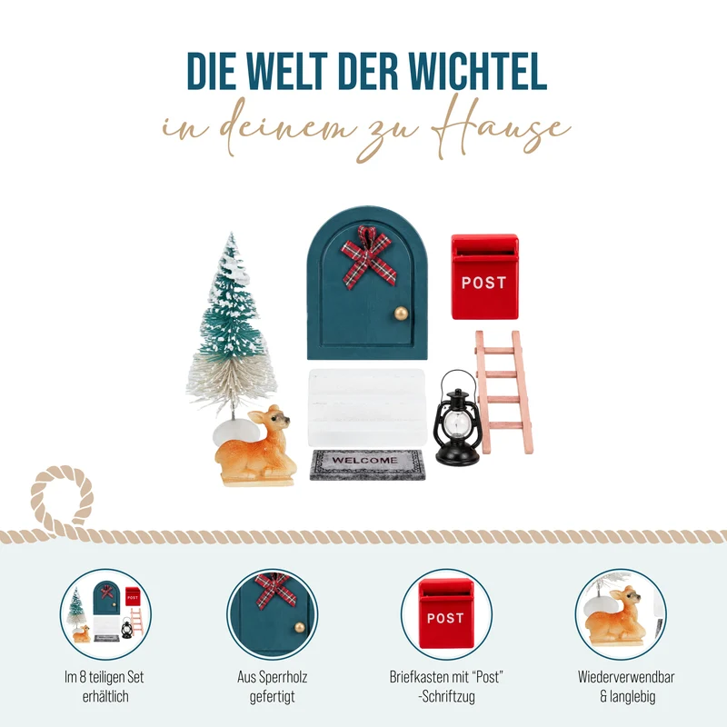 Wichteltür 8 teilig Set aus Sperrholz – 6 x 8 cm mit Briefkasten und Leiter