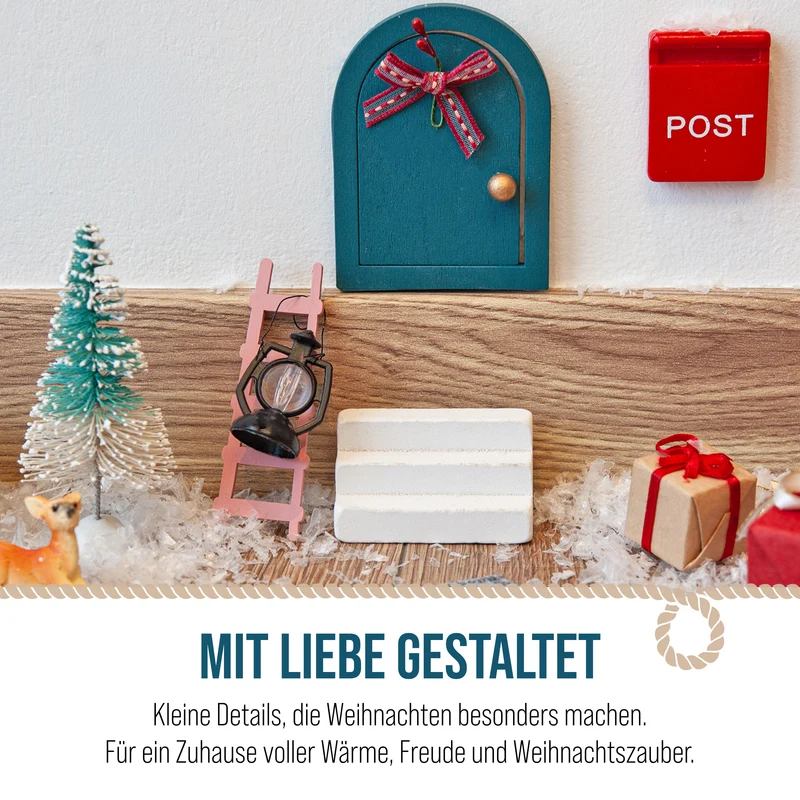 Wichteltür 8 teilig Set aus Sperrholz – 6 x 8 cm mit Briefkasten und Leiter