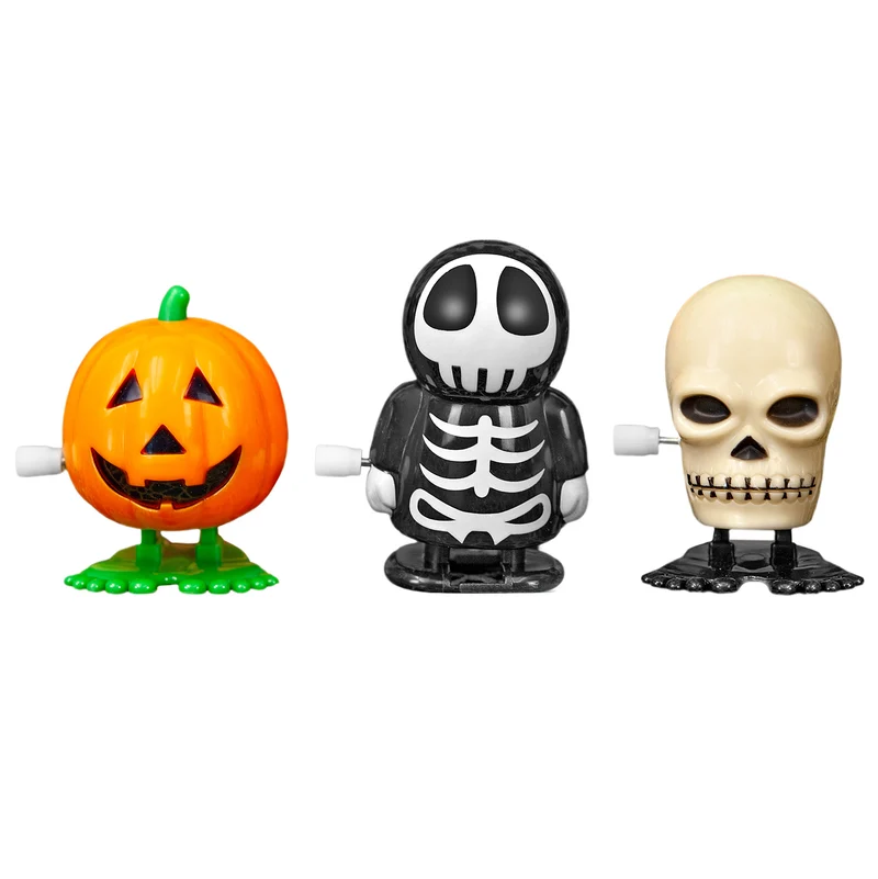 Halloween Aufziehfiguren 3er Set – Skelett, Kürbis und Totenkopf, 5 cm