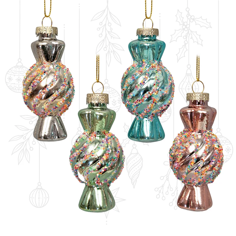 Christbaumschmuck Bonbons Glas 4er Set Pastell mit Goldkordel
